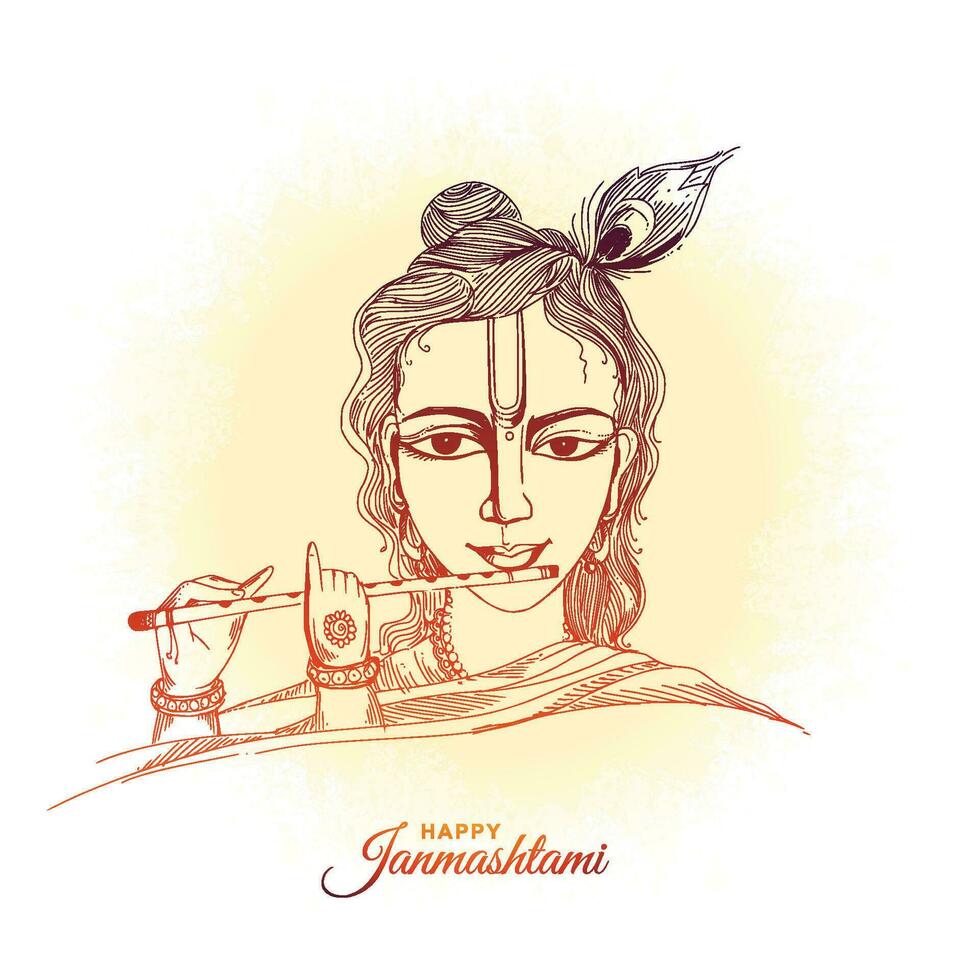 Hand draw sketch lord krishna in happy janmashtami festival card background vector