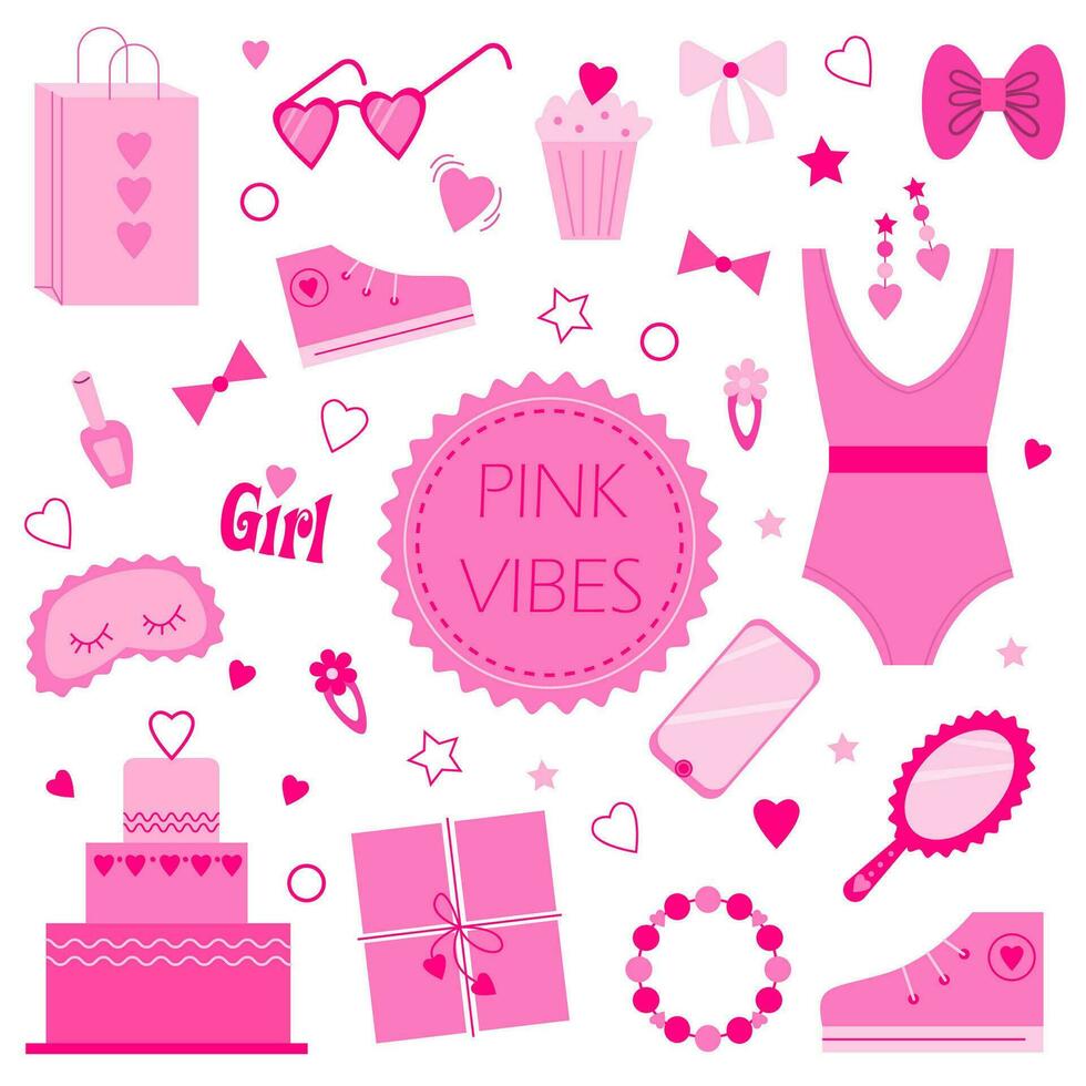 Set of vector pink cute elements, decor and accessories for a girl