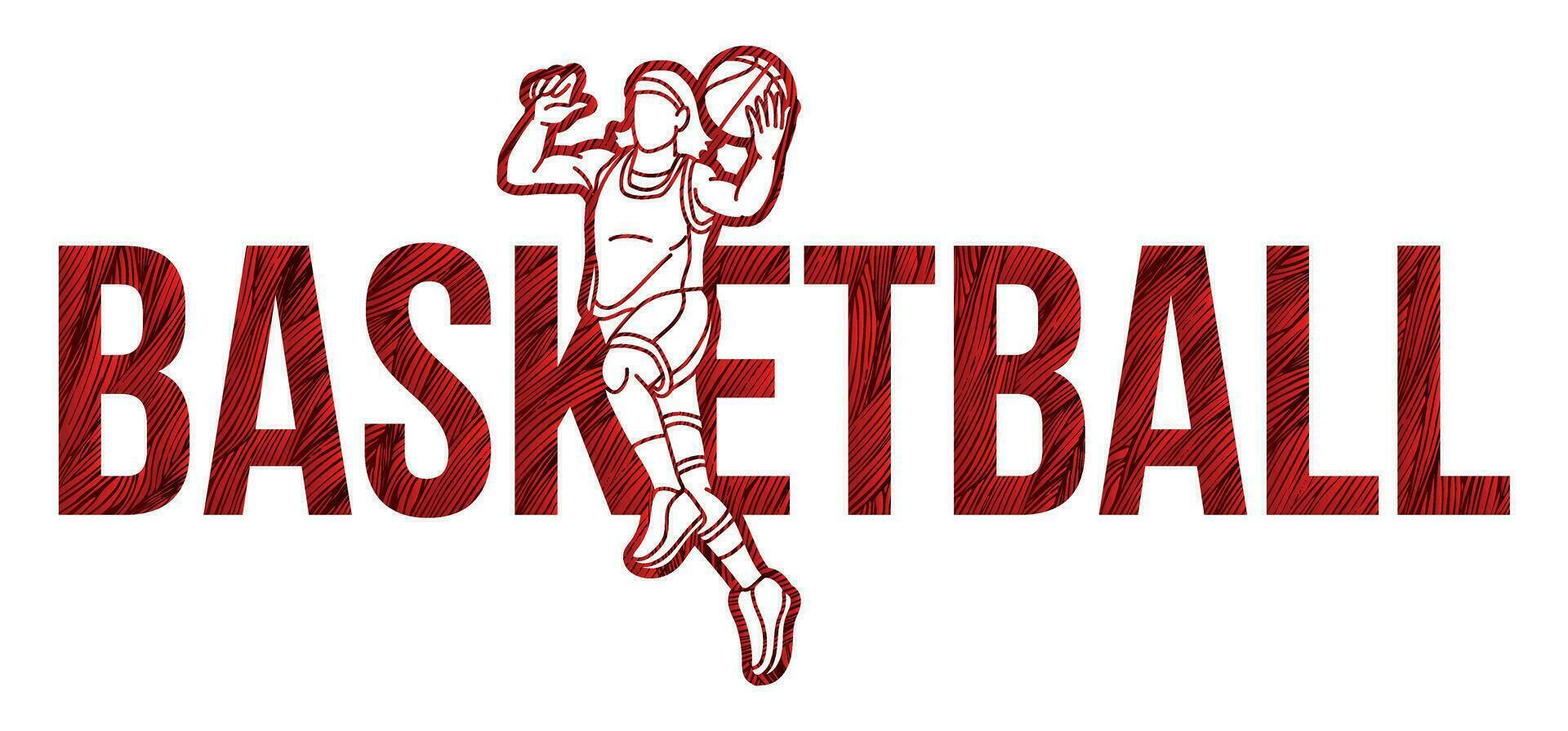 Basketball Text Designed with Female Sport Player Jumping Action Cartoon Graphic Vector