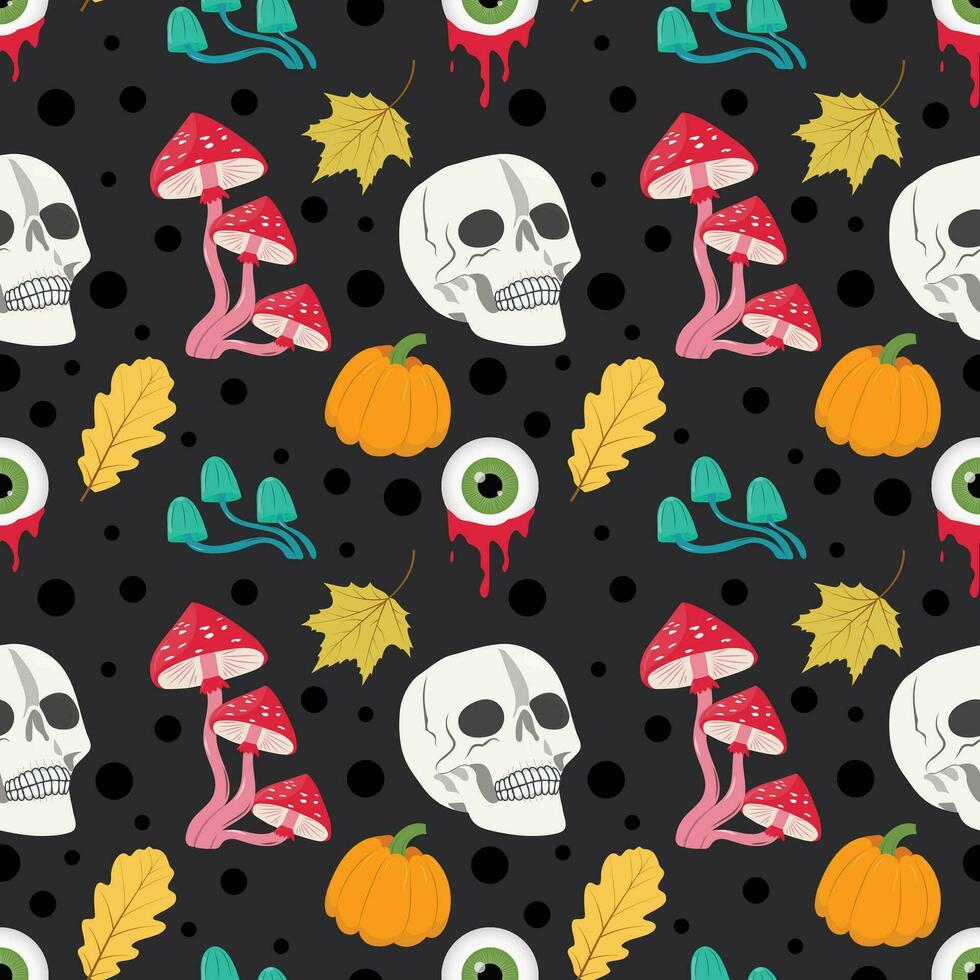 Seamless psychedelic background with skull, mushrooms, pumpkins vector
