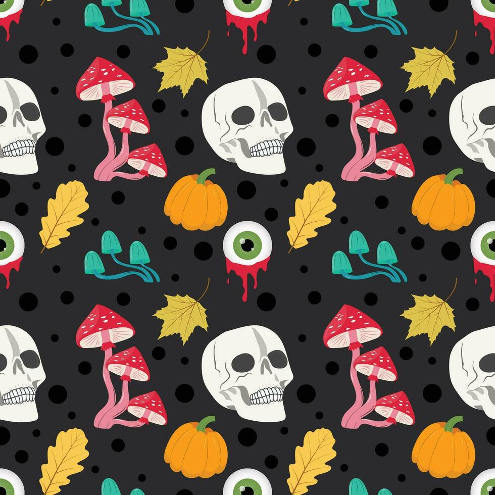 Seamless psychedelic background with skull, mushrooms, pumpkins vector