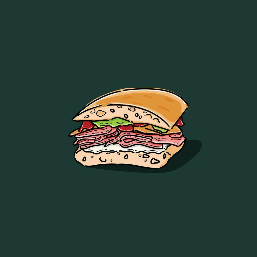 Delicious Sub Sandwich with cheese, lettuce and tomato. Isolated on blue background. Vector silhouettes. Hand drawn illustration of Sandwich.