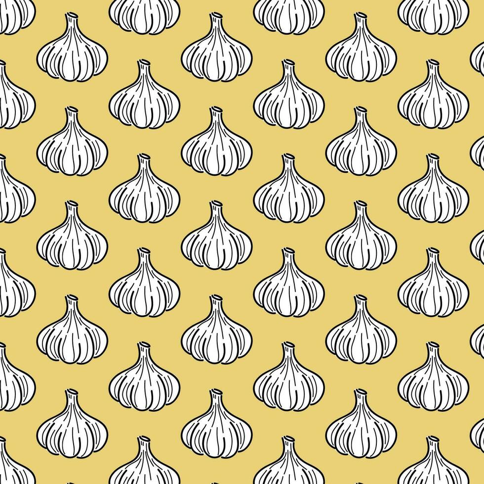 Hand drawn garlic seamless pattern. Bulb of garlic wallpaper. Engraving vintage style. Vector illustration. Seamless pattern with fresh garlic vegetable bulbs, for background design
