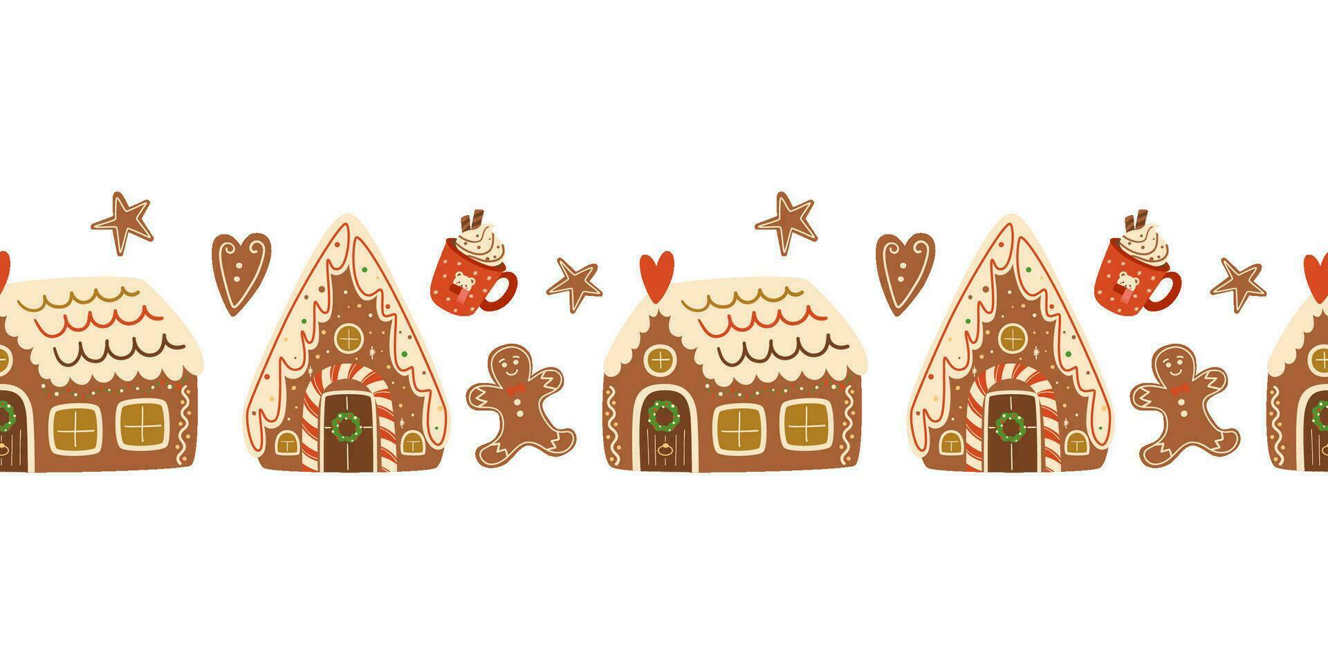 Christmas gingerbread houses cookies seamless border. Baked Christmas dessert, hot winter drink. Horizontal repeat vector illustration. Cozy winter time decorative element. Handmade Christmas dessert.