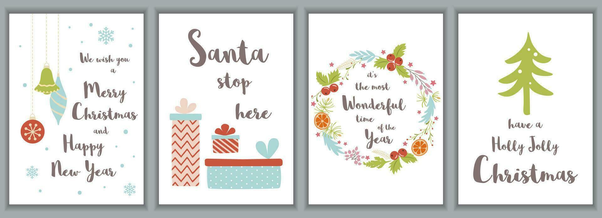 Merry Christmas greeting cards set Cute invitations template isolated on background. Collection with Xmas tree gift box floral wreath in hand drawn cartoon style. Vector elements for Christmas design.