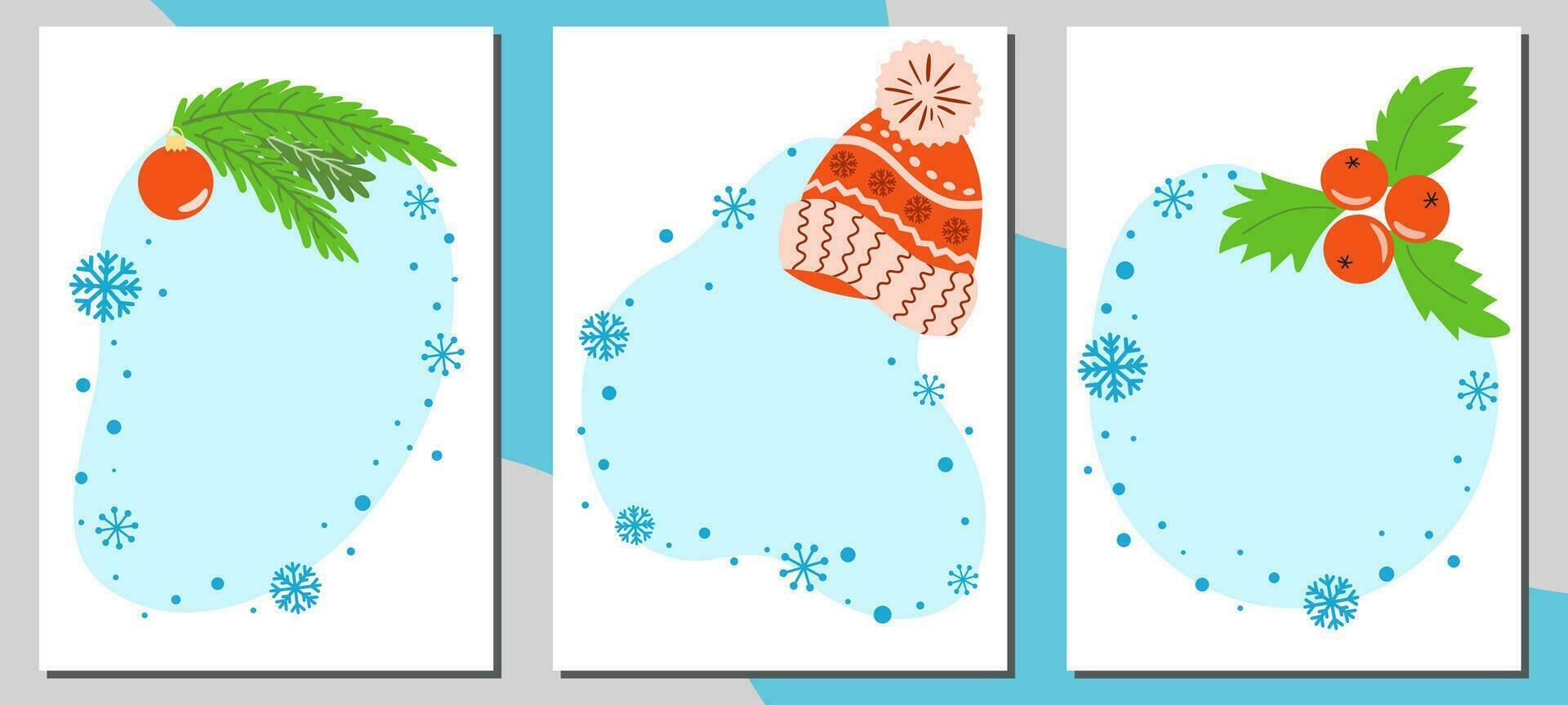 Set of winter banners templates Blue shapes with place for text Christmas copy space cards decorated Winter hat Tree branch Berry Snowyflakes. Vector illustrations of season shopping greeting New Year