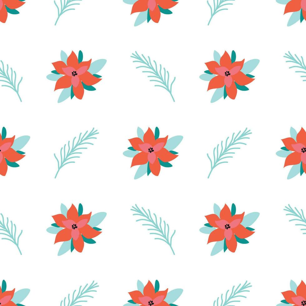 Christmas flower patterns seamless background with poinsettia flowers on white, blue branches. Holly Christmas design Pretty fabric wallpaper textile texture. Hand drawn cartoon. Vector illustration.
