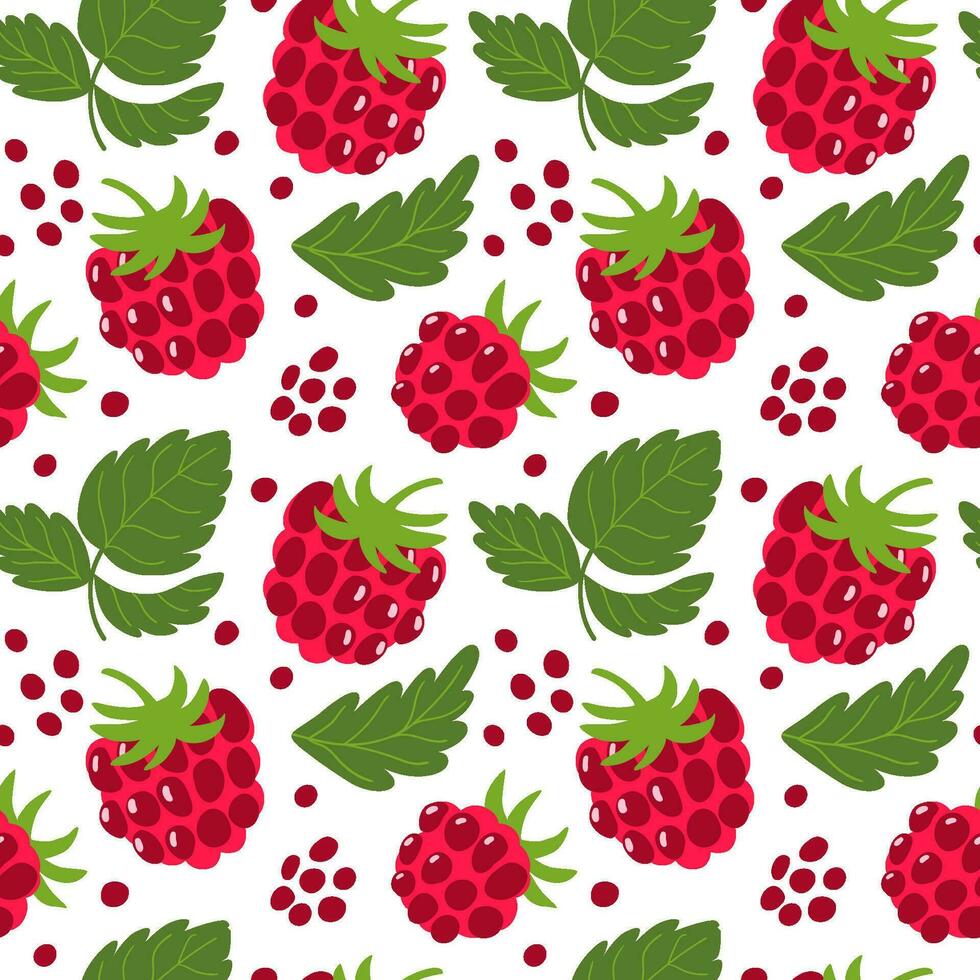 Raspberry seamless pattern. Vector summer berries repeat background, wallpaper, fresh fruit print, wrap paper, package design, textile. Juicy illustration. Cute hand drawn raspberries and leaves.