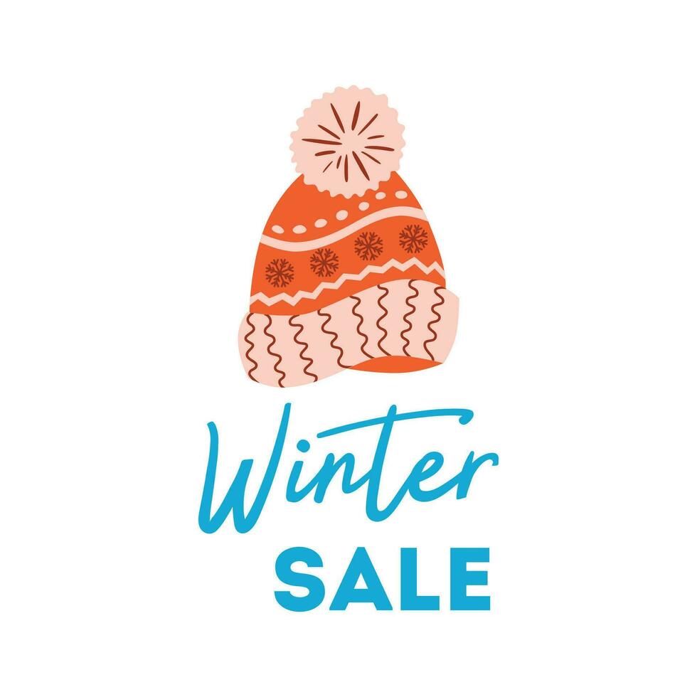 Winter sale poster Knitted red hat Christmas advertising design Winter sale blue text isolated on white. Layout. New Year promotion banners headers posters stickers and labels Vector illustration.