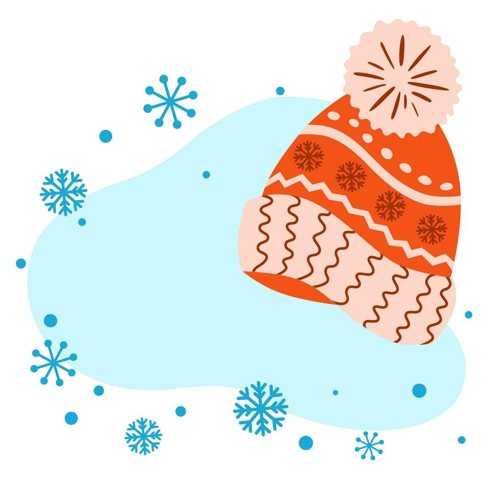 Winter template Christmas banner New Year greeting card invitation with place for text Decorative knitted red cap isolated on white Snowy blue bubble Label Sale flayer Vector illustration.