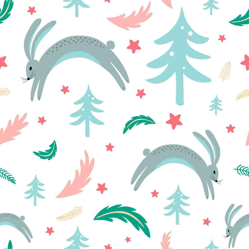 Winter wildlife seamless pattern with rabbit bunny forest elements hand drawn coniferous branch. Christmas texture. Childish design for fabric, textile cloth New year background Vector Illustration.