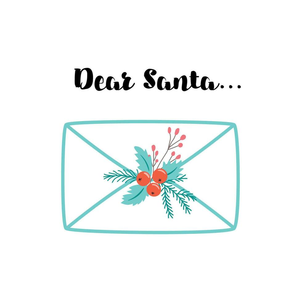 Christmas letter envelope Santa mail template design. Winter Berries fir branch Cute Merry Christmas and Happy New Year envelope. Decorative element for cards, posters banner. Vector illustration.