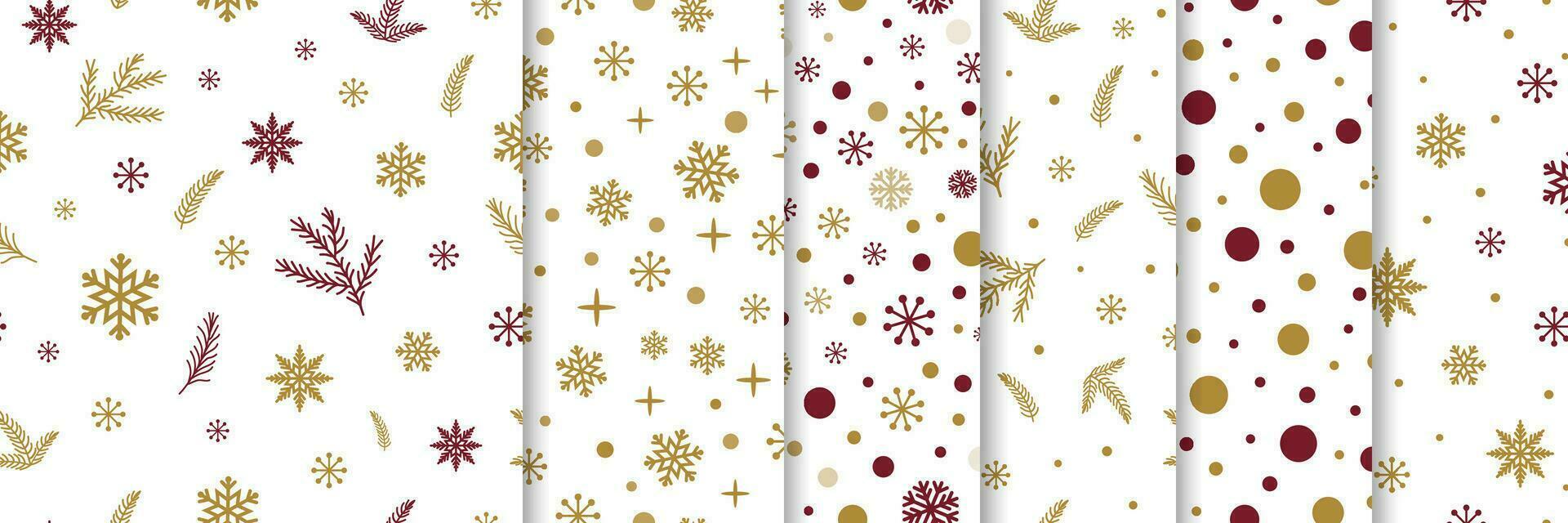 Classic red gold snowflakes branches seamless pattern set Christmas seamless pattern collection. Winter time texture New year holiday background wallpaper textures, fabric prints. Vector illustration.