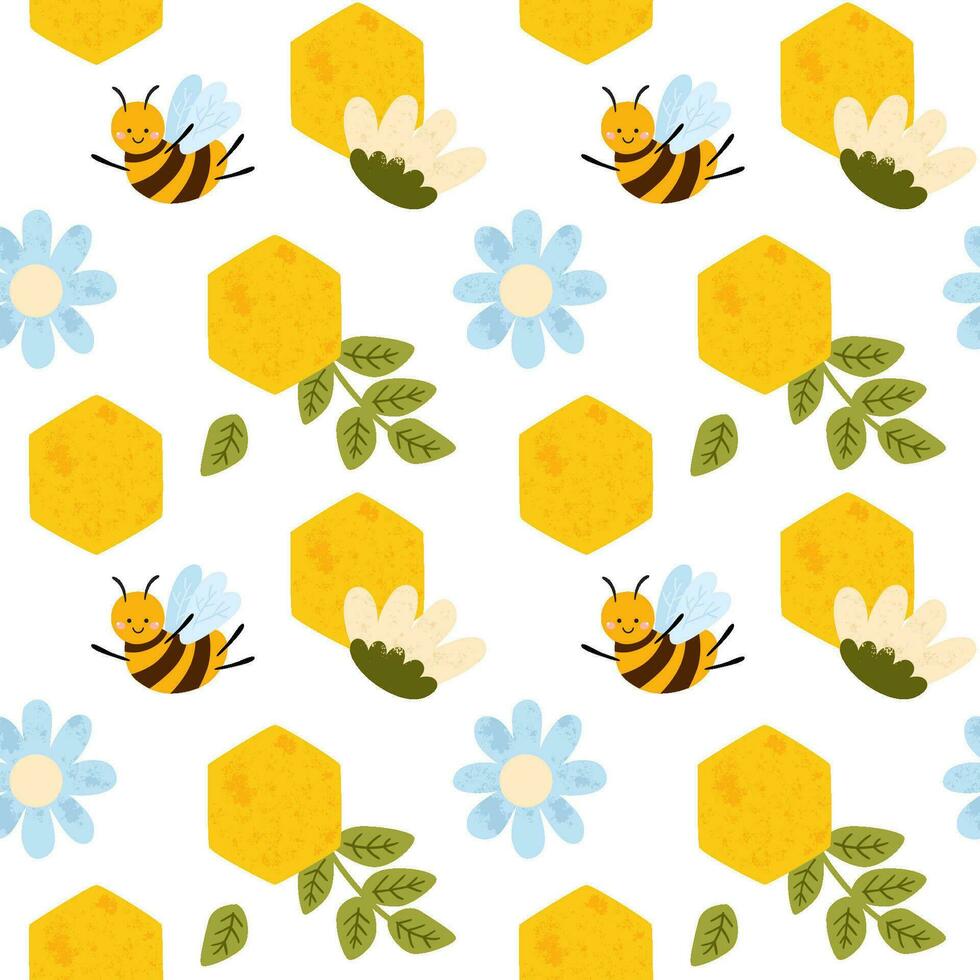Vector honey bee seamless pattern. Bee floral yellow repeat background. Cute hand drawn summer meadow flowers, sweet honeycomb illustration for surface design, textile, fabric, package, wrap paper.