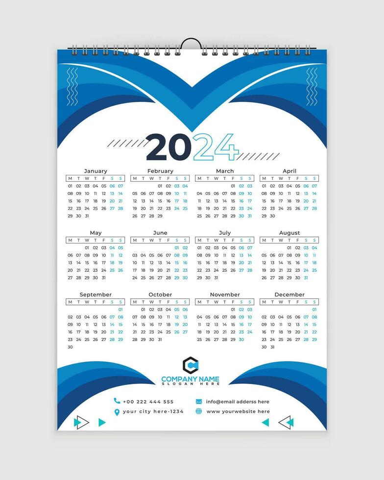 2024 Calendar, Calendar Design With Holiday, Wall Calendar 2024, holiday calendar 2024, office holidays, vector