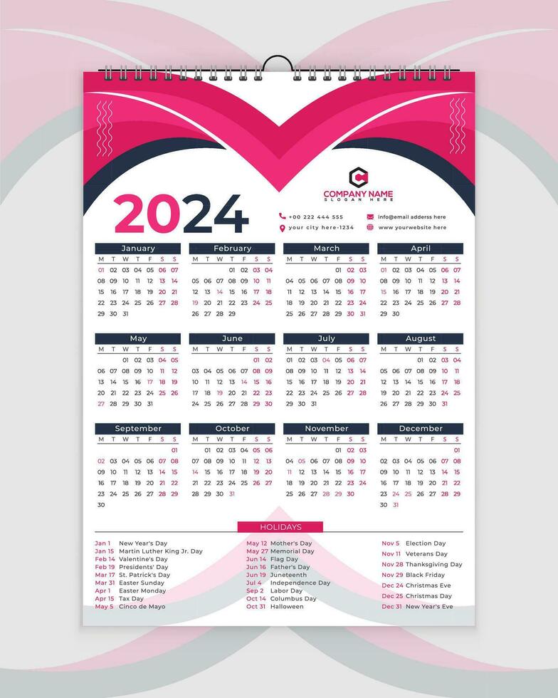 2024 Calendar, Calendar Design With Holiday, Wall Calendar 2024, holiday calendar 2024, office holidays, vector