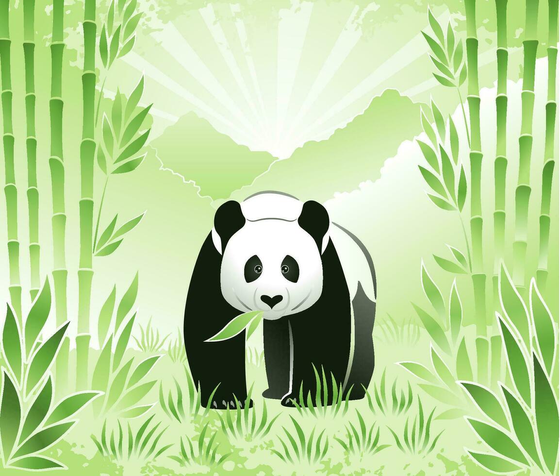 Meet the Bamboo Panda. A panda bear in bamboo grove against mountain landscape background. vector