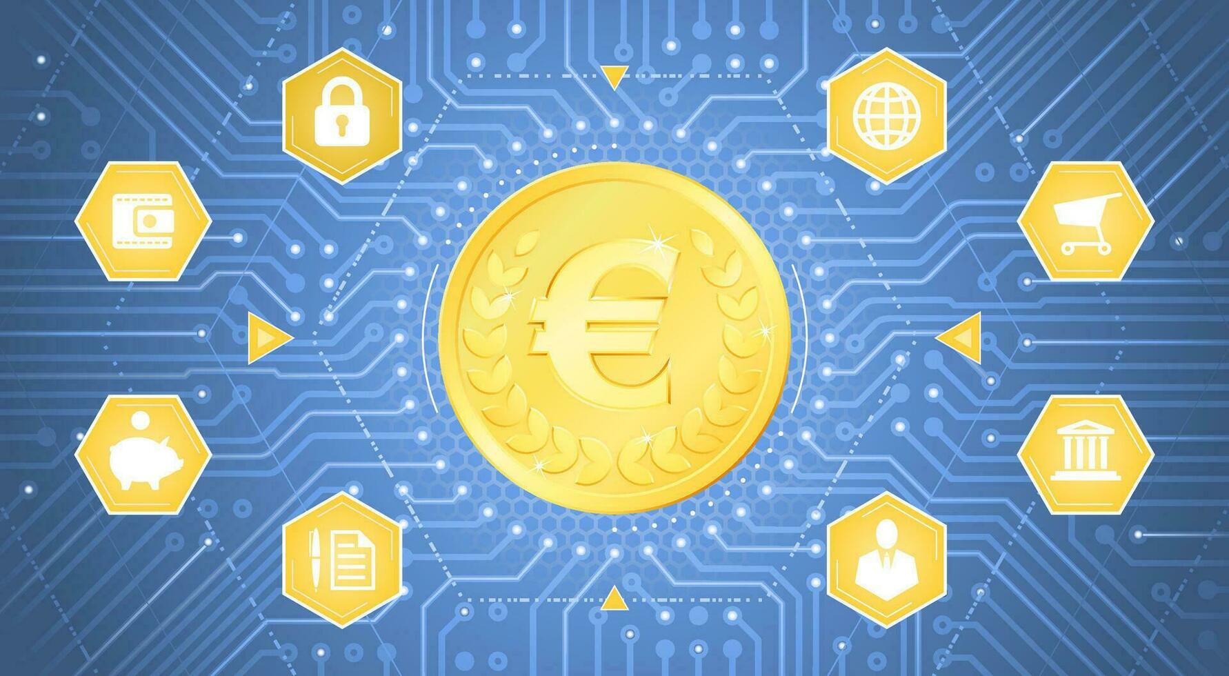 Digital Euro. A metallic coin with the Euro symbol on it in electronic cyberspace. Graphic composition on the theme of Crypto-Currencies. vector