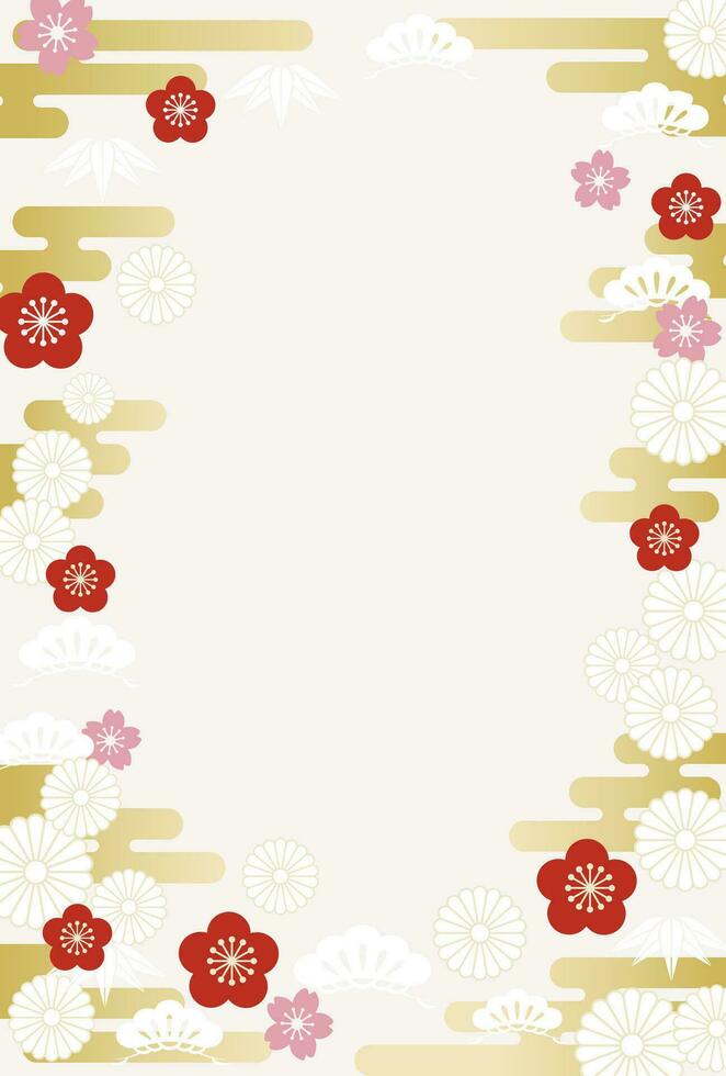 Vector Background Illustration With Text Space Decorated With Japanese Vintage Lucky Charms Such As Pine, Bamboo, And Plum.