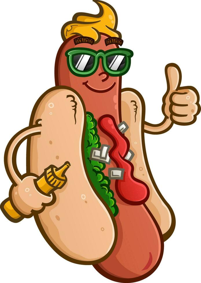 A stylish hot dog with attitude and sunglasses holding a mustard squirter and flashing an enthusiastic thumbs up vector clip art drawing