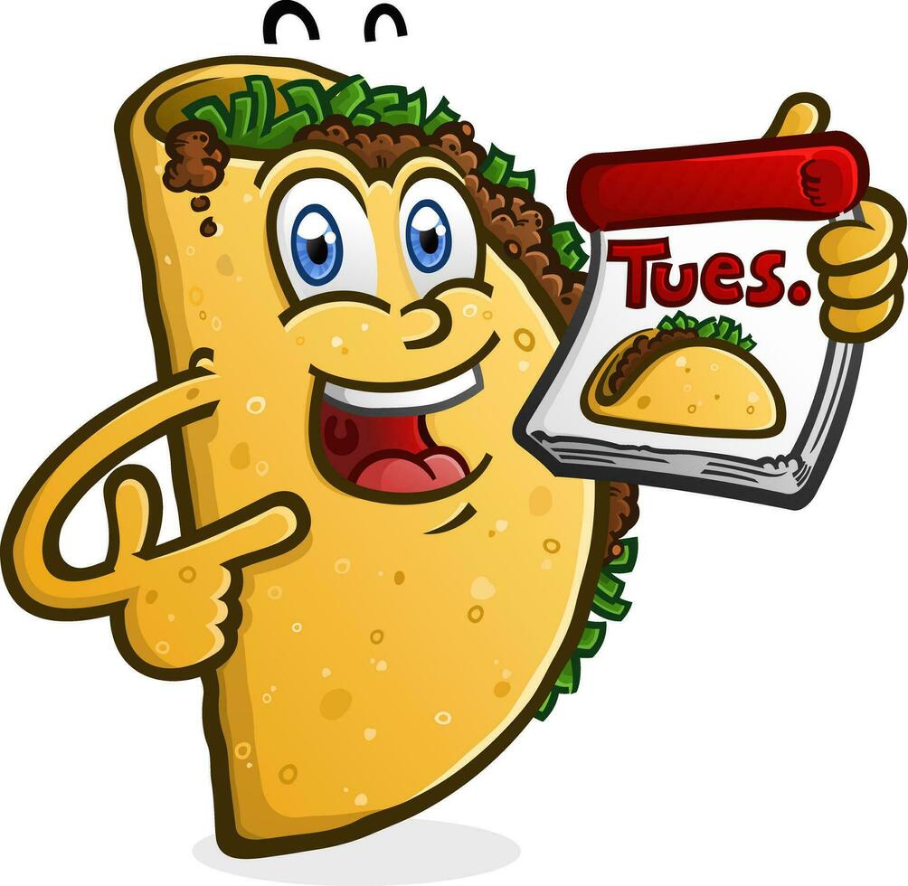 Taco cartoon character mascot pointing and holding a calendar for Taco Tuesday clip art vector