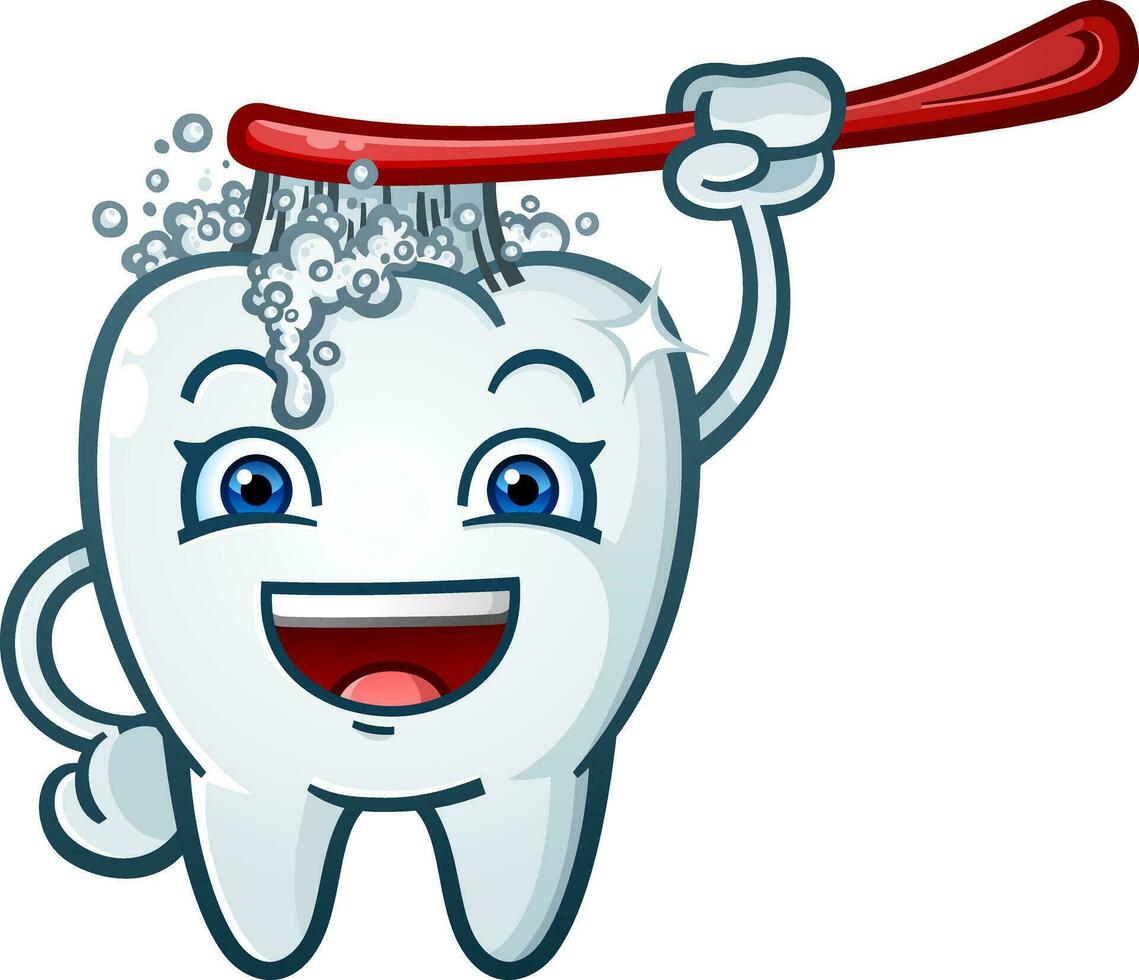 contento espumoso sonriente diente dibujos animados personaje cepillado su cabeza con un grande rojo cepillo de dientes con burbujeante pasta dental jabonaduras vector