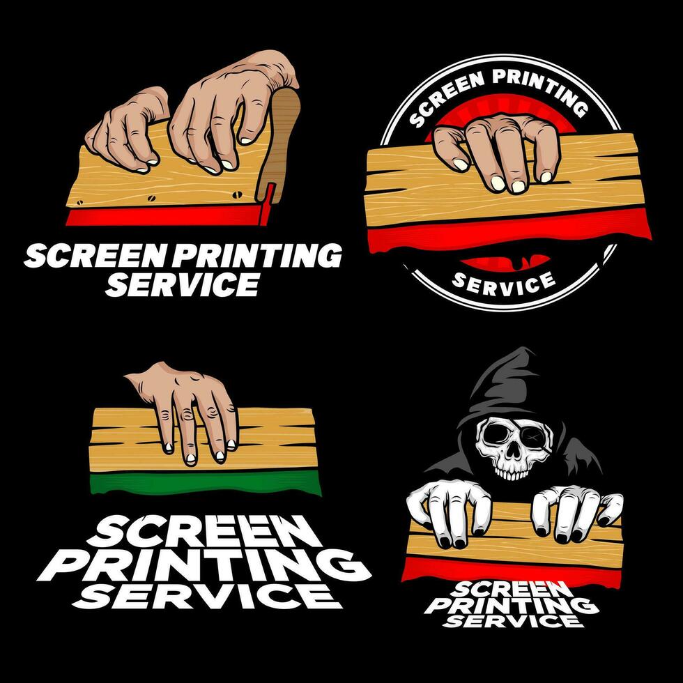 set of screen printing silk with hand holding squeegee logo design inspiration, Design element for logo, poster, card, banner, emblem, t shirt. Vector illustration