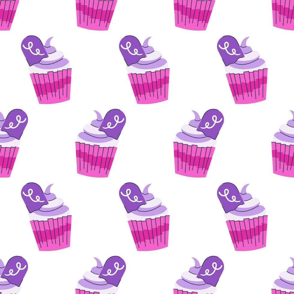 Cupcake with tombstone Halloween seamless pattern vector illustration