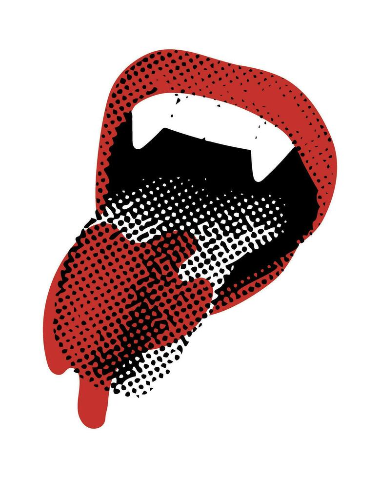 Vampire red lips Halloween halftone collage vector illustration