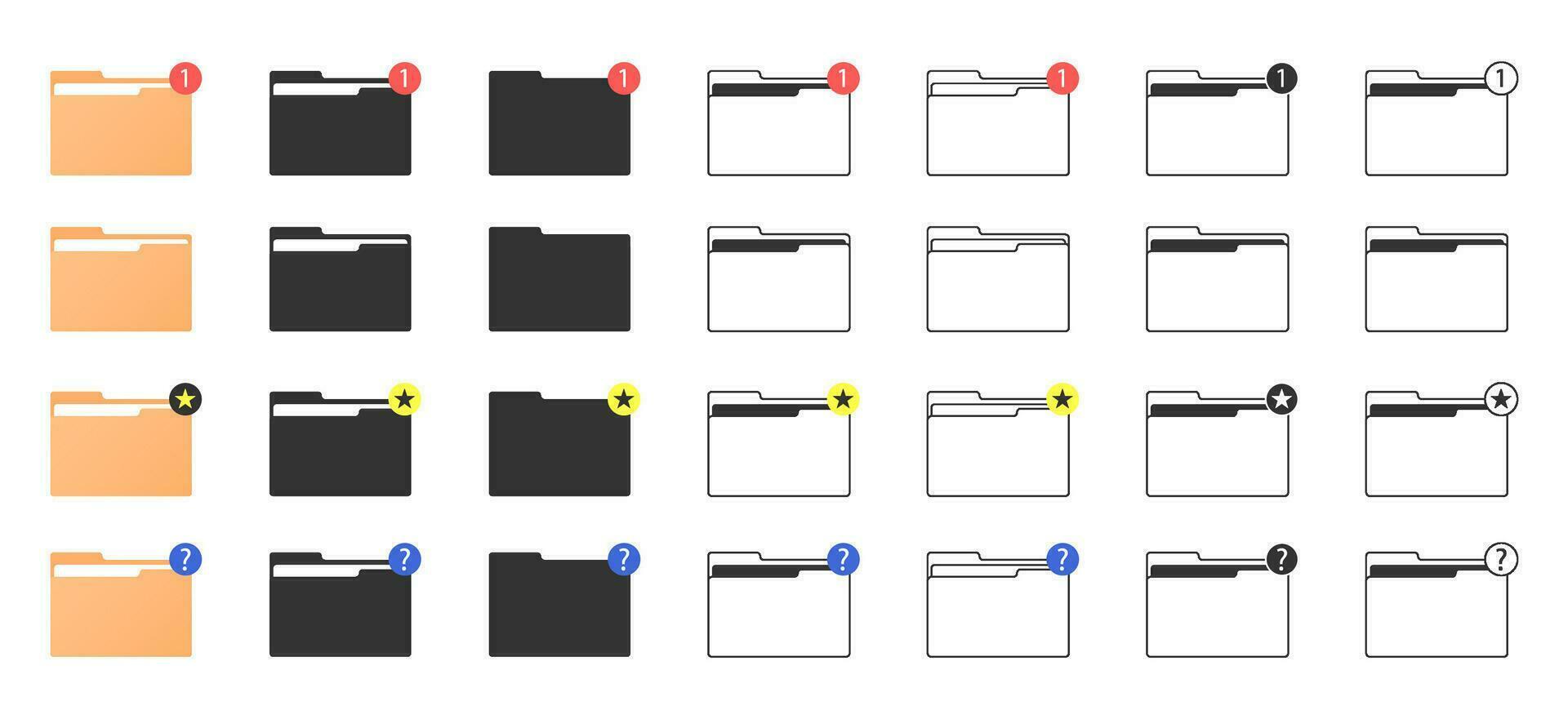 carpeta atajos para computadora en diferente estilos. carpetas con un prioridad firmar, un pregunta marca, y un nuevo mensaje signo. vector