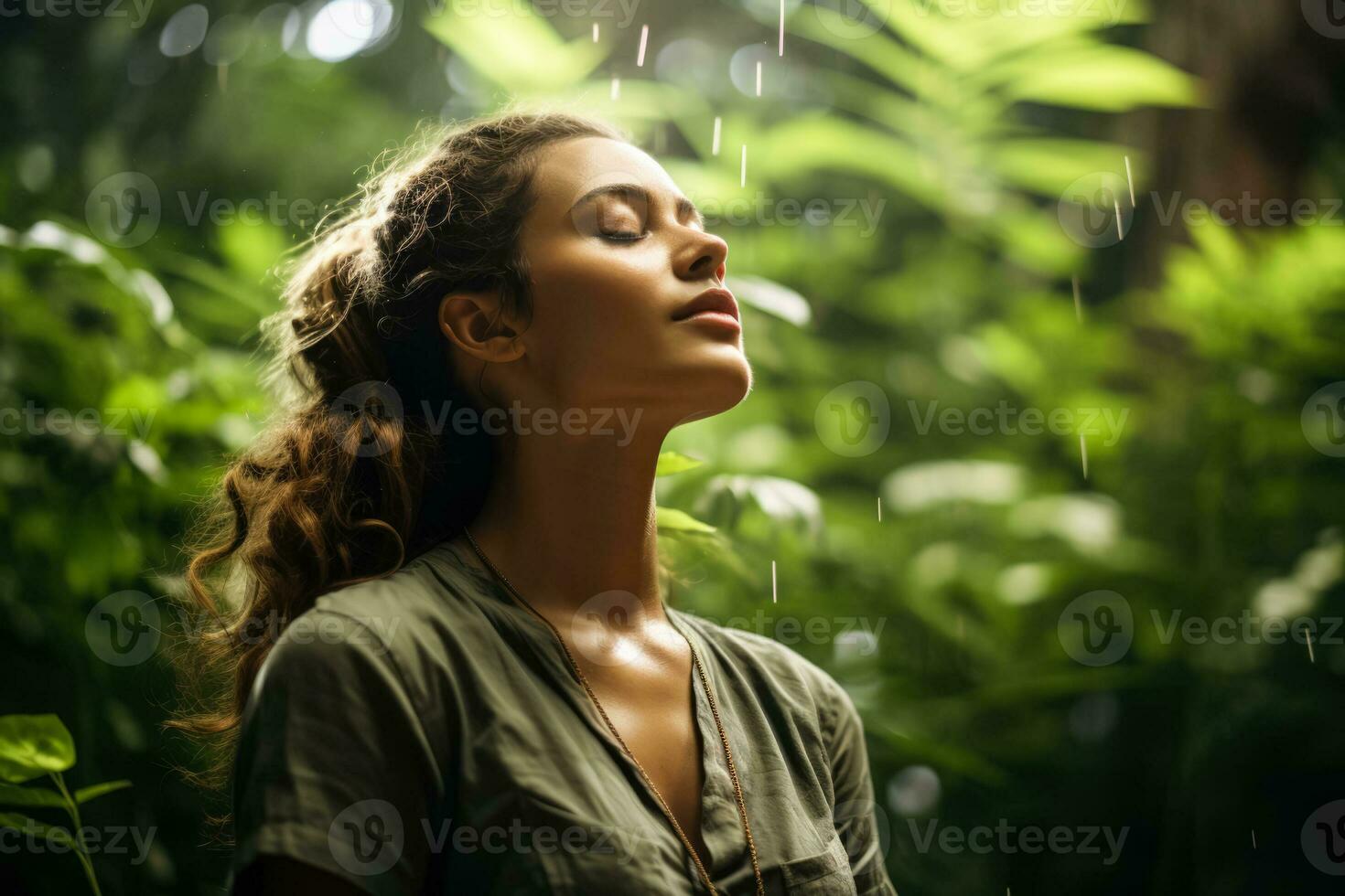 Under a canopy of leaves a person practices mindful breathing feeling the earth's energy a connection to nature for World Mental Health Day photo