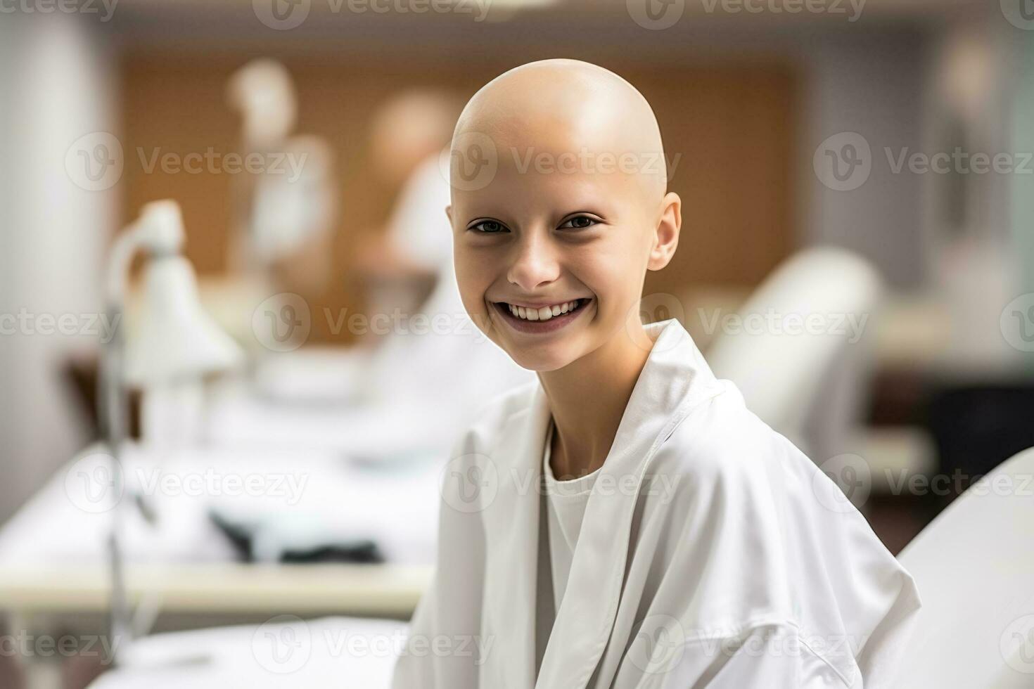 Bald girl smiling in cancer hospital bed with empty space for text photo