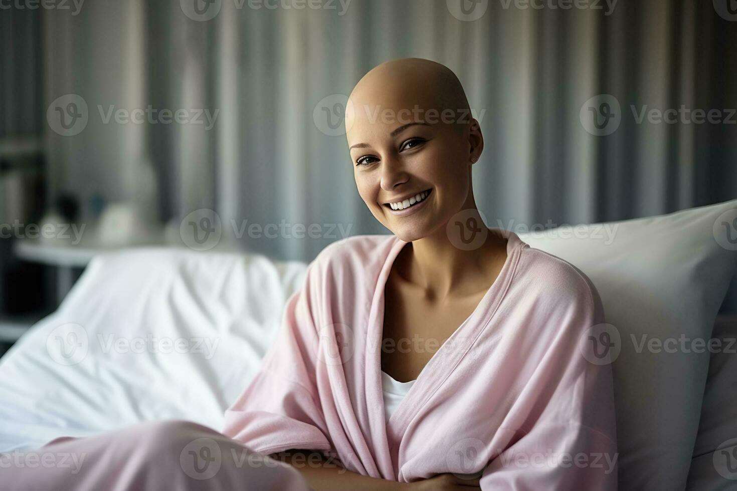 Bald woman smiling in cancer hospital bed with empty space for text photo