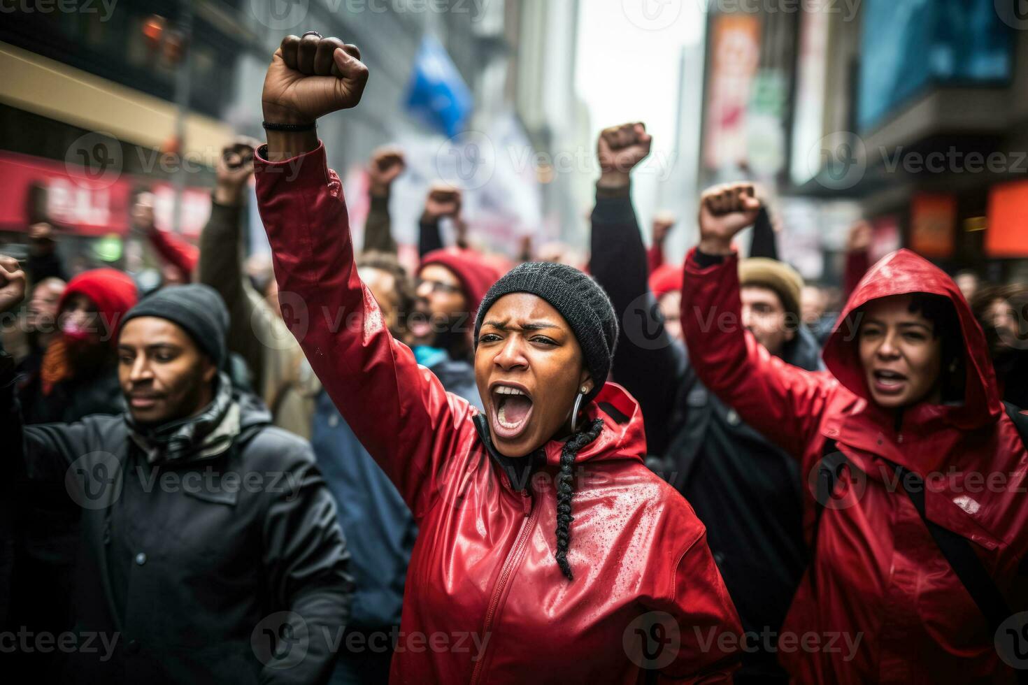 Strikers raise their fists in unison a powerful symbol of their shared purpose photo