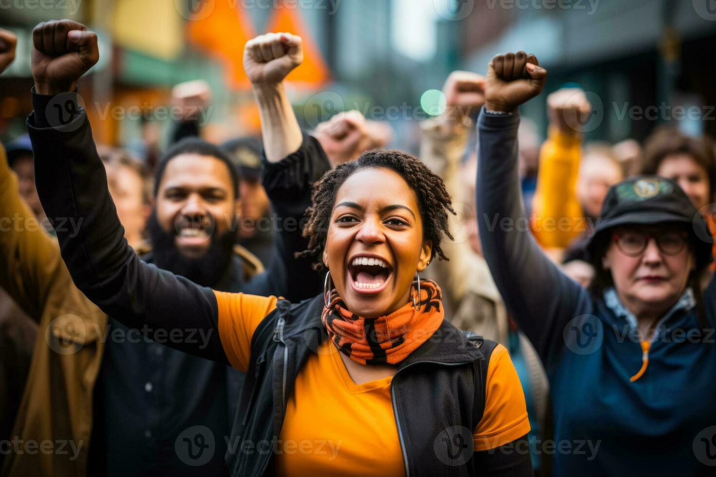 Strikers raise their fists in unison a powerful symbol of their shared purpose photo