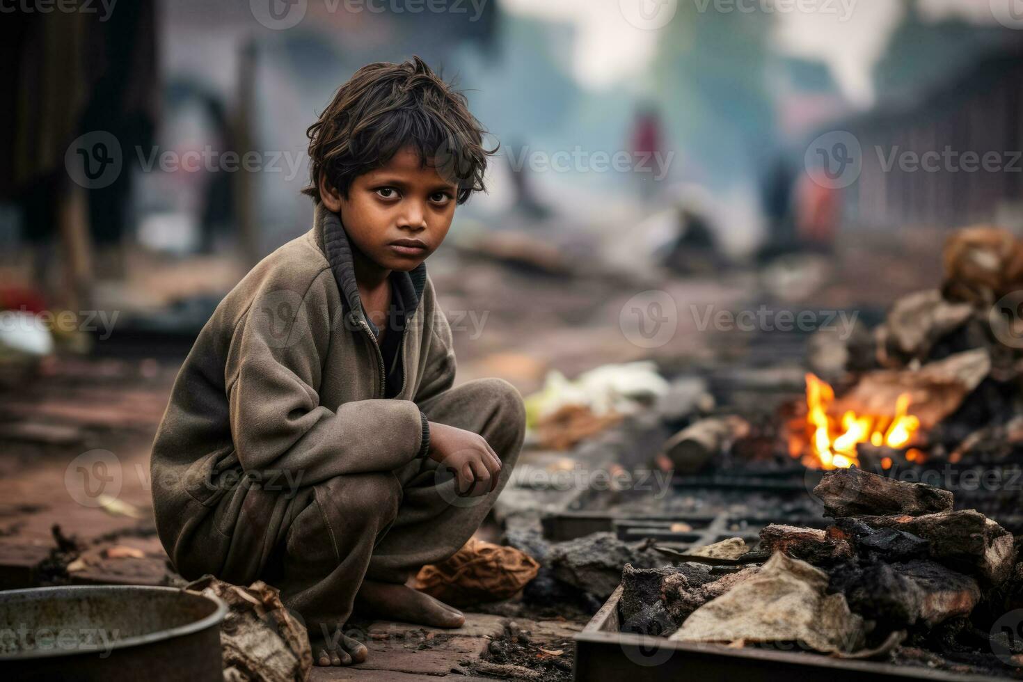 Hungry boy on the slum district photo