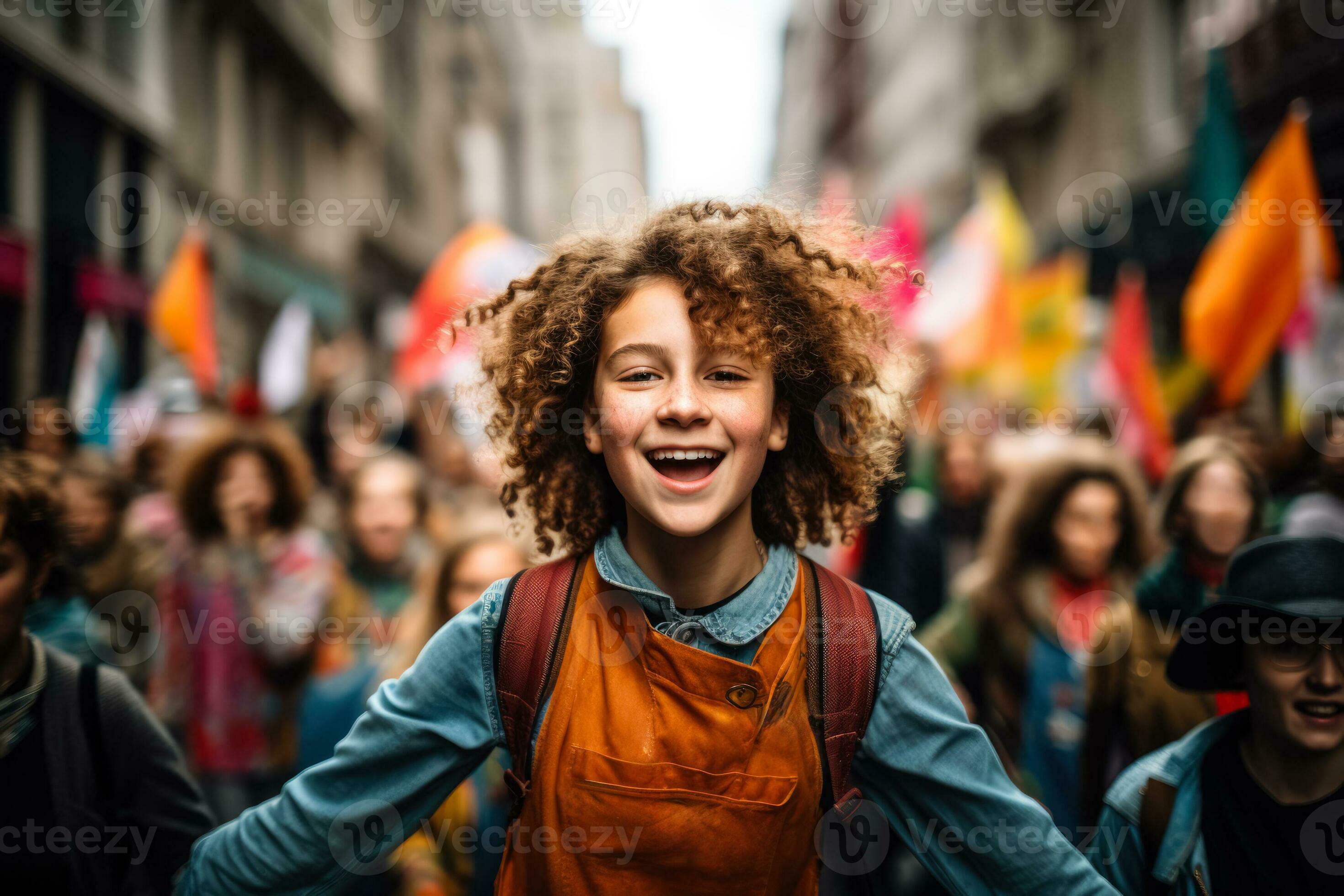 A young environmentalist leading a spirited chant amidst a sea of 