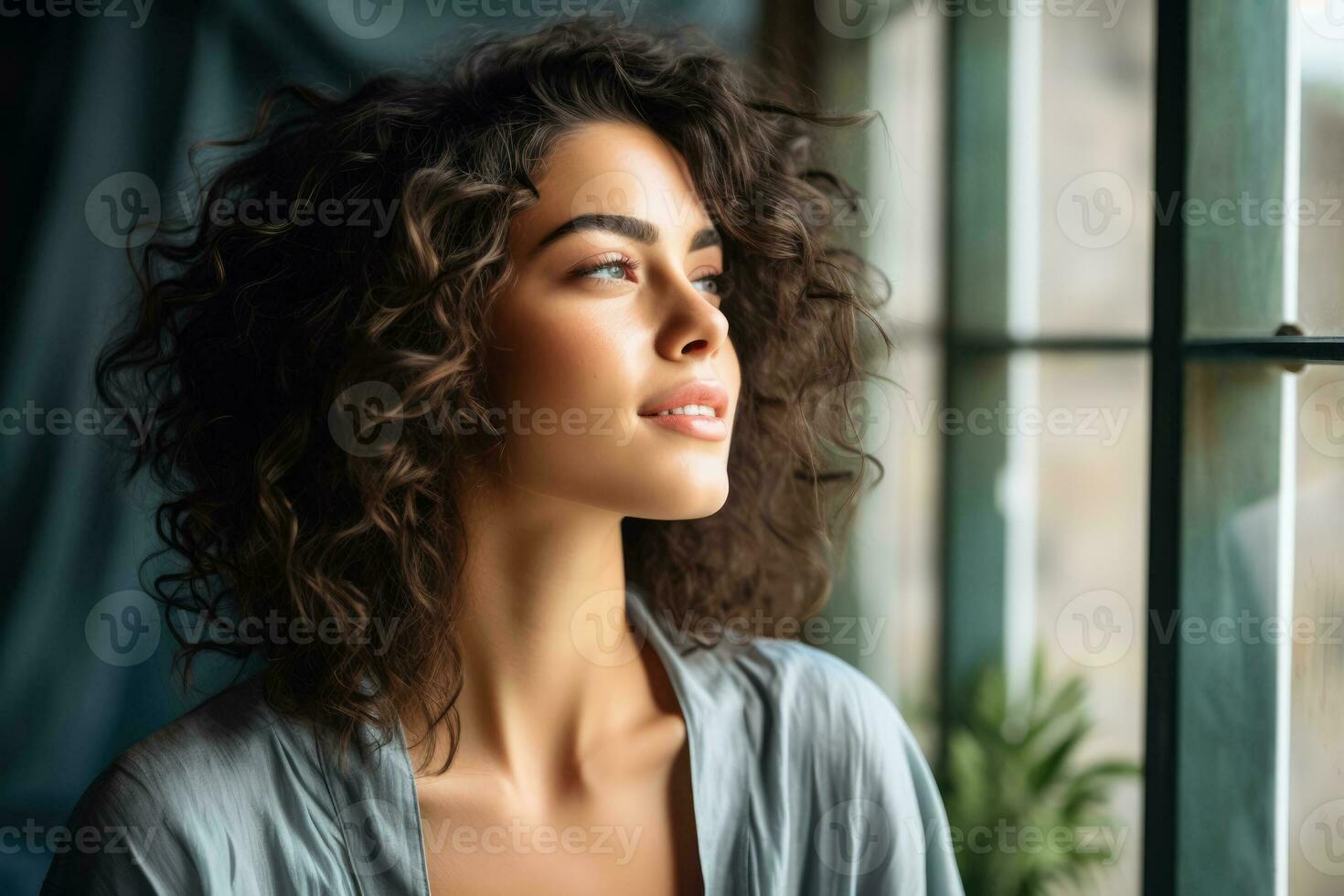 A woman embracing her reflection in the mirror admiring her newfound beauty after reconstructive surgery empty space for text photo