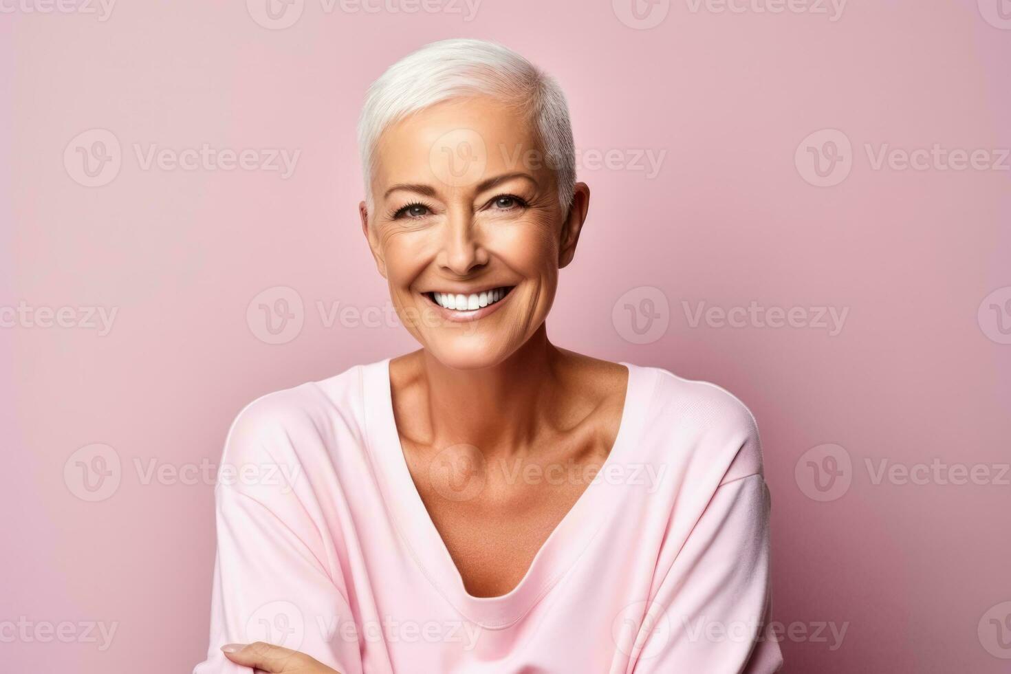 Portrait of a beautiful bald old woman after chemotherapy on a solid background with a place for text photo