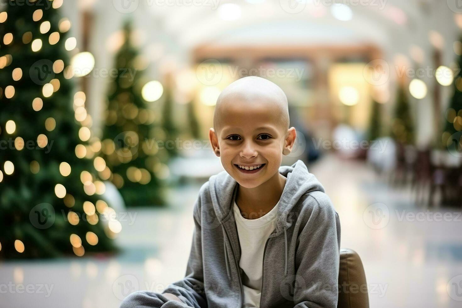 Bald boy smiling in cancer hospital rehabilitation with empty space for text photo