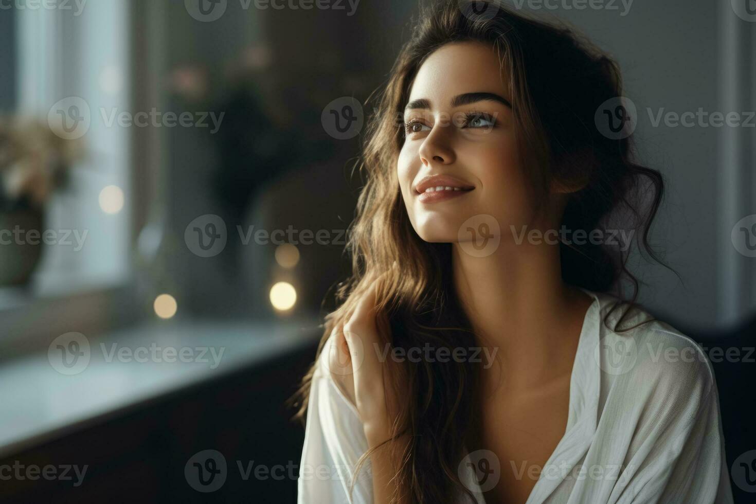 A woman embracing her reflection in the mirror admiring her newfound beauty after reconstructive surgery empty space for text photo
