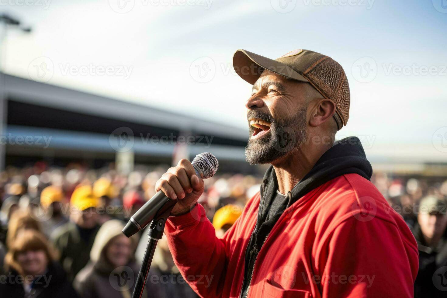 A striking worker delivers a powerful speech to a gathered crowd inspiring support for their cause photo