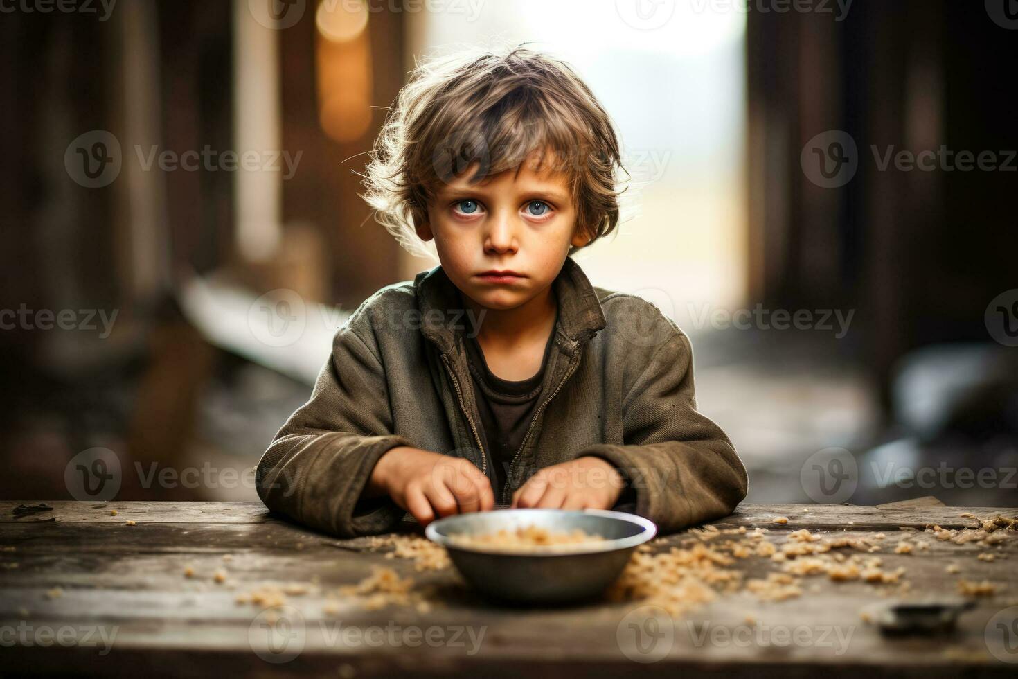 hambriento muriendo de hambre pobre pequeño niño mirando a el cámara foto