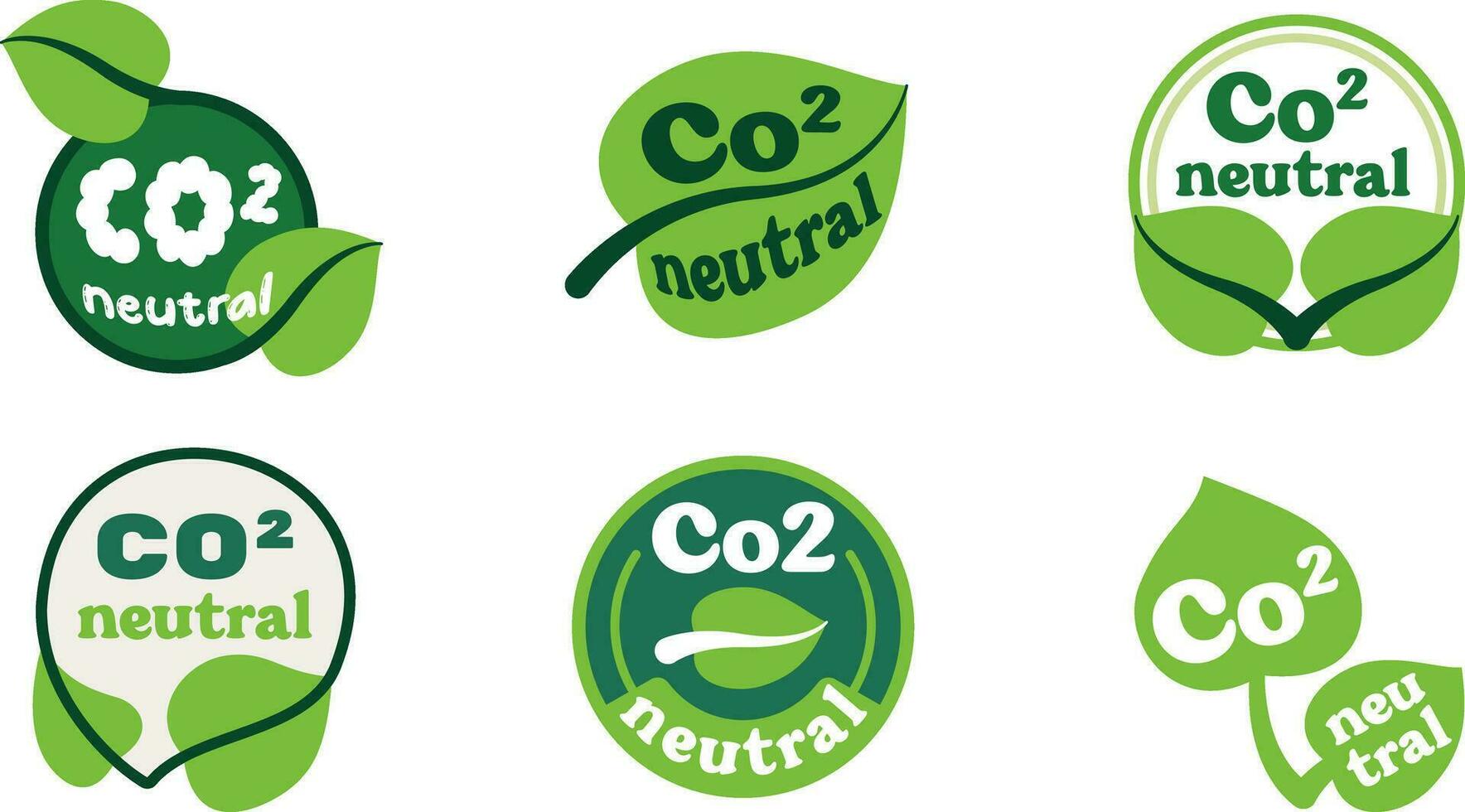 co2 neutral green logo set with leaves. Eco friendly sigh, carbon decrease, package ison concept. vector