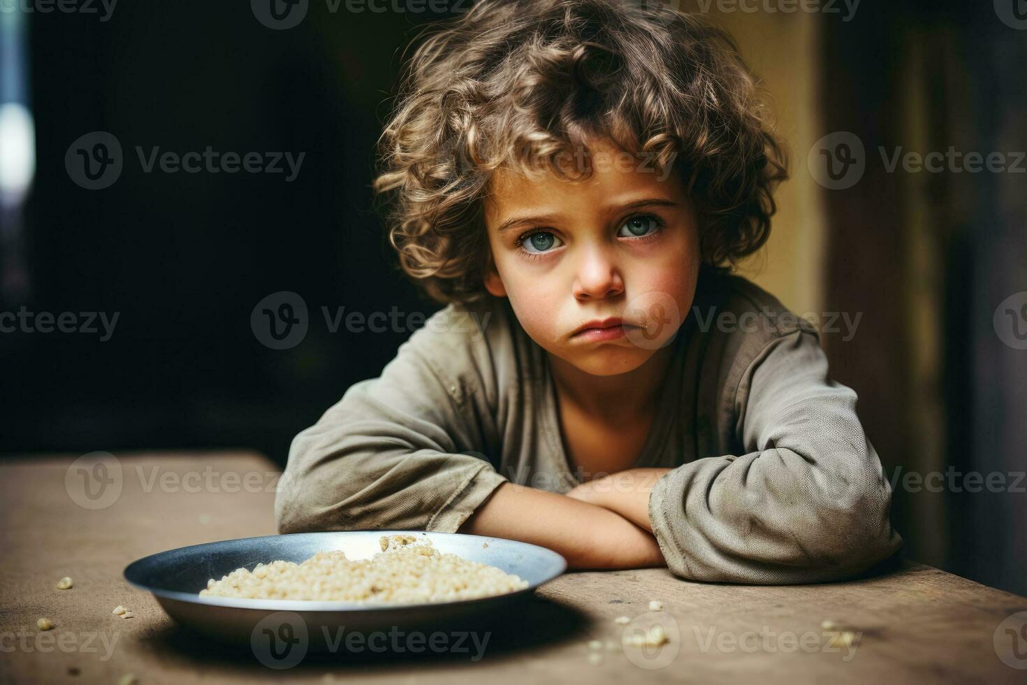 hambriento muriendo de hambre pobre pequeño niño mirando a el cámara foto