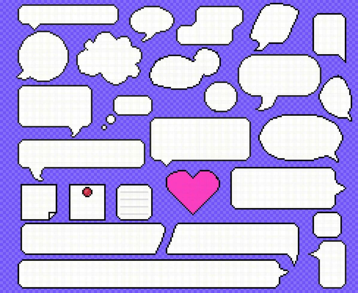 Pixel dialog set. Speech bubbles, dialog, note, thought. All elements grouped separately. vector