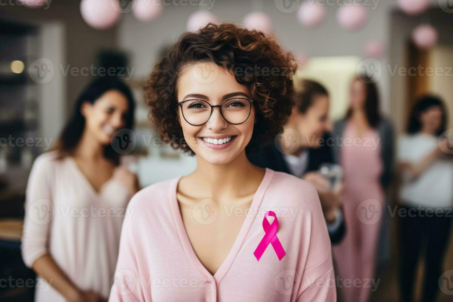 un valiente mujer sonriente con su apoyo grupo celebrando su victoria terminado pecho cáncer foto