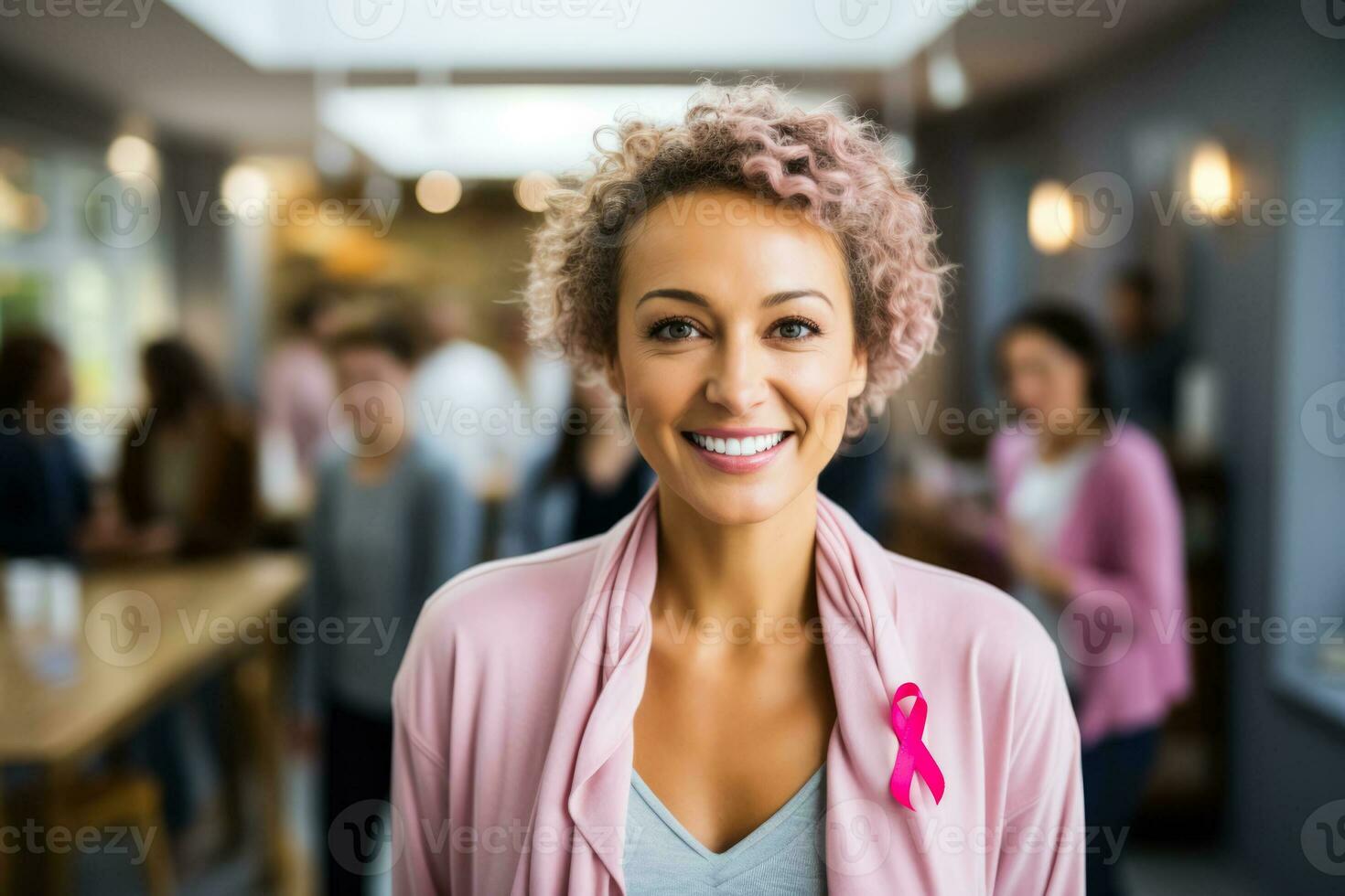 A brave woman smiling with her support group celebrating her victory over breast cancer empty space for text photo