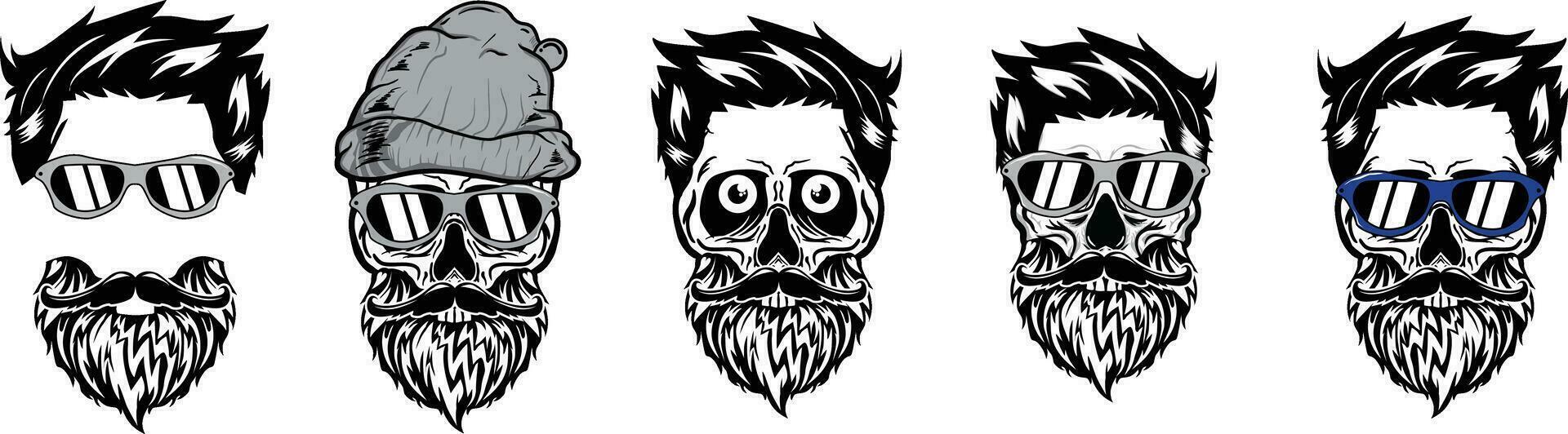 A4-lanSet of different skull charactres  with mustache beard eyeglass and beanie vector