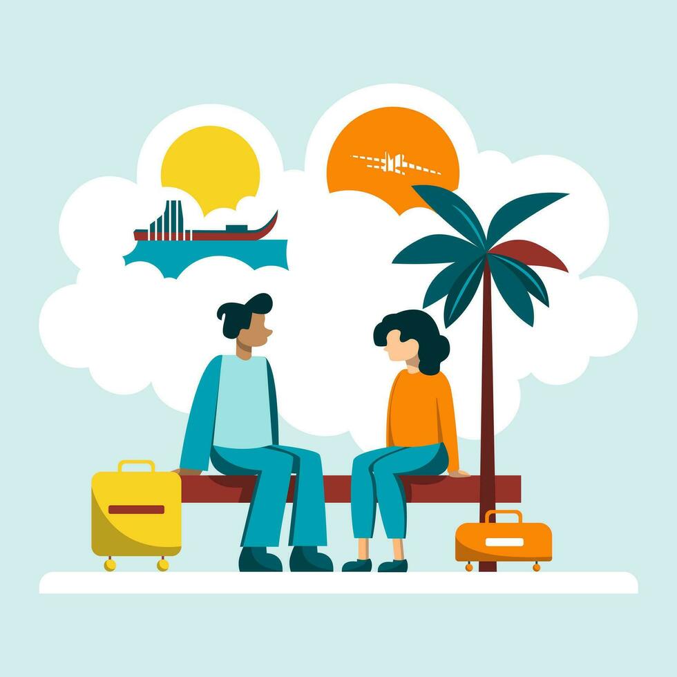 A man and a woman with suitcases are sitting on a bench. In the background, a tourist ship and an airplane in the sky. The concept of travel or tourism, work on a trip. Modern flat colorful vector